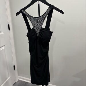 Body Central Black Backless Cocktail Dress with Rhinestone Detail